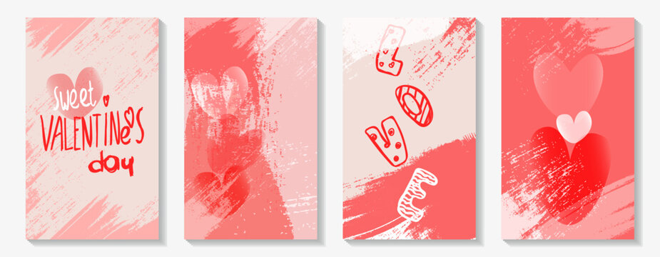 Fototapeta Set of Valentine's Day cards with hearts and phrases about love in doodle style in shades of pink and red. Vector illustration. Simple, minimalistic, holiday cards.