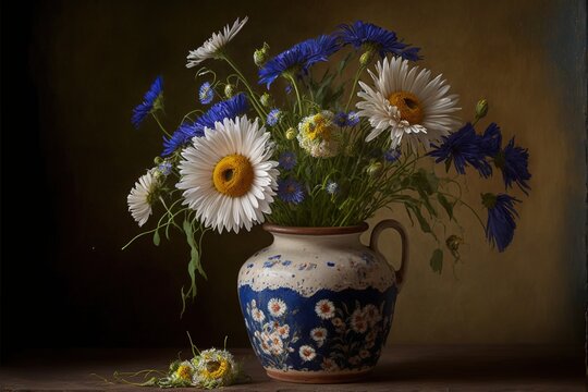  a painting of a blue and white vase with daisies and daisies on a table next to a yellow and white flowered vase.  generative ai