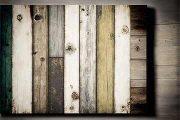  a picture of a wooden wall with multiple colors of wood planks and a clock on the side of the wall with a clock on the wall.  generative ai