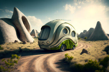 Fototapeta na wymiar Snail shell shaped camper in desert and mountains, generative AI