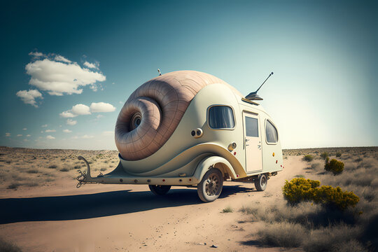 Snail shell shaped camper in desert, generative AI