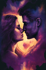Colorful portrait of a loving couple. Coverdesign for romance book. Created with AI