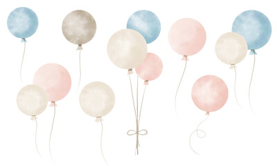 Set of watercolor air Balloons in cute pastel blue and pink colors on isolated background. Hand drawn illustration with ballons for happy birthday kid party. Drawing for greeting cards or invitations © Alisles