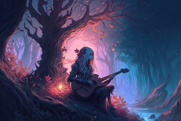 Fototapeta na wymiar a bard playing guitar in fairy wood, idea for fantasy and fairytale background wallpaper, generative ai 