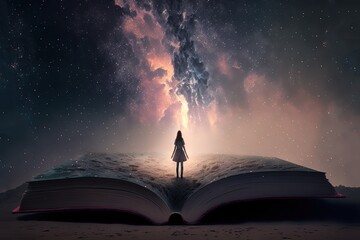 a girl stand on a giant book opened on ground with fairytale nature pop out from paper page, idea for imagination of childhood theme background wallpaper, Generative Ai