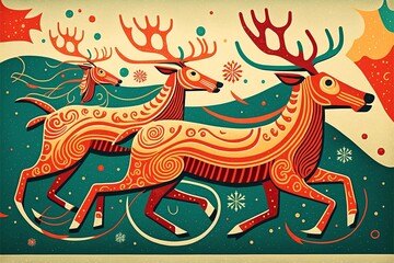 Obraz na płótnie Canvas Colorful Christmas background pattern with reindeer and ornaments
