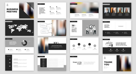 Clean, Minimalist Business and Pitch Presentation Template: 16 PowerPoint Sized Slide Layouts with photos, charts, columns, highlights, statistics, milestones, customer, team slides, and more - obrazy, fototapety, plakaty