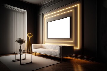 illustration of mock-up wall decor frame is hanging in cozy minimalism, living room, Generative Ai