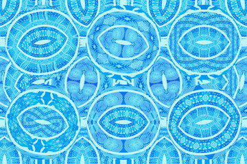 Patchwork of geometric African patterns. Colorful and seamless image. Blue and turquoise blue colors. Illustration