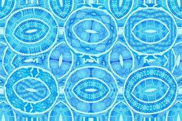 Patchwork of geometric African patterns. Colorful and seamless image. Blue and turquoise blue colors. Illustration