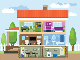 House with rooms - study, living room, bathroom, cinema, broiler and laundry in the basement. Vector llustration