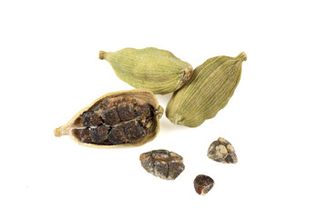 Pods and seeds of cardamom on a white background.