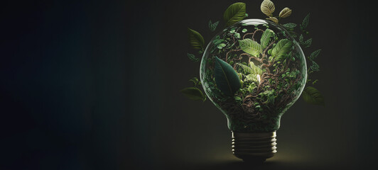 Renewable energy concept, environmental friendly light bulb with green plants and leaves inside. Generative AI.  - obrazy, fototapety, plakaty