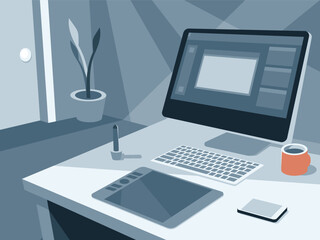 Workplace of an painter or designer with a large display and a tablet. Vector illustration