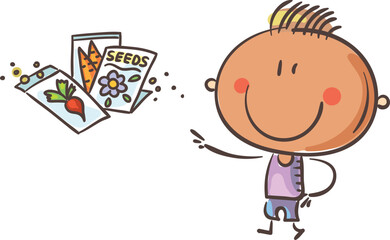 Gardening clipart. Doodle kid with seeds. Isolated on white.
