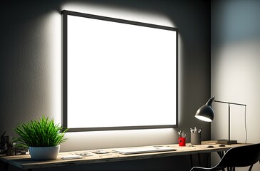 illustration of mock-up wall decor frame is hanging in cozy minimalism, working office room, Generative Ai