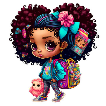 Cute african american girl with backpack 3d cartoon style generative ai