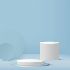 3d blue color podium and minimal blue color wall scene. 3d podium minimal abstract background. Pastel color abstract room design. Vector