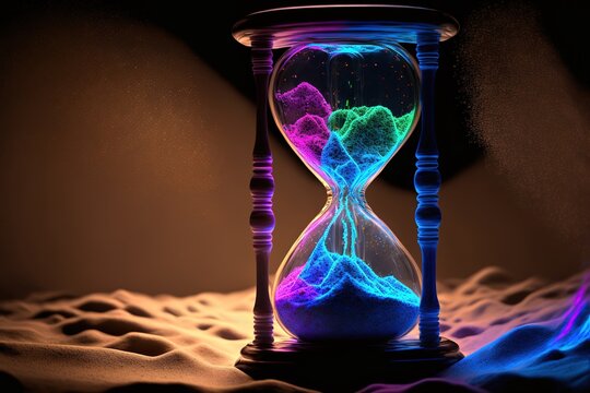 A brightly glowing hourglass with cascading neon sand on a sandy surface, generative ai