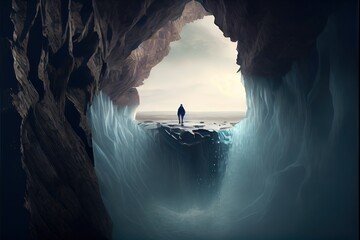 Waterfall in the cave. AI generated art illustration. 