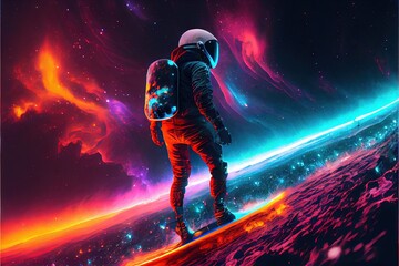 Astronaut on snowboarder in space. AI generated art illustration.	