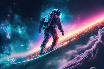 Astronaut on snowboarder in space. AI generated art illustration.	