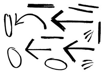 Arrows and scratches, straight lines made with marker pen, hand drawing, irregular shapes, great graphic resource for design. Left and right, signs and symbols. Highlights, handmade. Black and white.