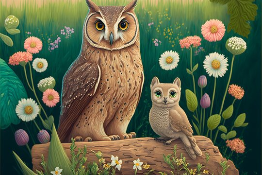 Naive Art Of An Illustration Inspired Lily Seika Jones Of A Rabbit And A Baby Owl By A Log In A Countryside Meadow With Green Hills Wildflowers Textural 8K Detailed Sharp Focus Clear Faces And Eyes 