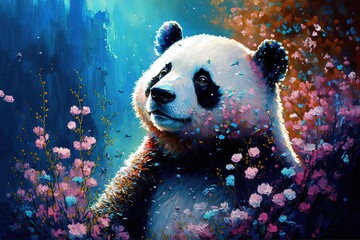 Fototapety  illustration of cute animal smile face in spring flower gardens, idea for children room wall decor or animal wallpaper, panda bear, generative Ai
