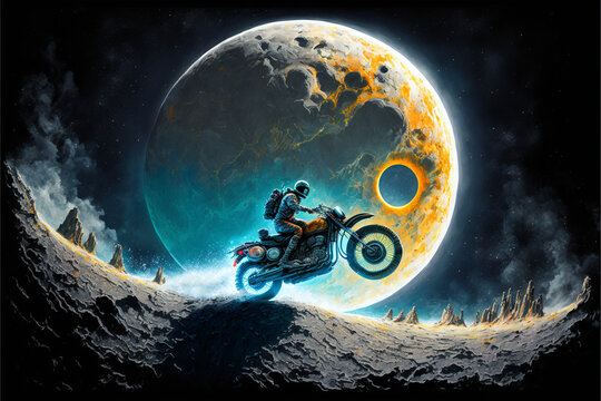 a man in space suit is riding a motorcycle in space, fantasy scene illustration.