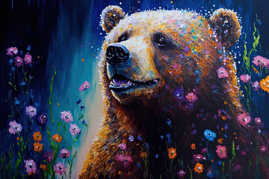 Illustration Of Cute Animal Smile Face In Spring Flower Gardens, Idea For Children Room Wall Decor Or Animal Wallpaper, Brown Bear, Generative Ai