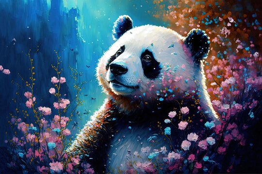 Lovely kawaii panda head smiling on rainbow colors background - Cute animal  illustration Stock Vector
