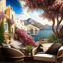 View of the sea and the old town terrace. Italian style. 3D illustration. 3D Image. Digital collage. Photo wallpapers.