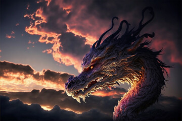 A dragon's head forming out of the clouds in the evening sky - obrazy, fototapety, plakaty