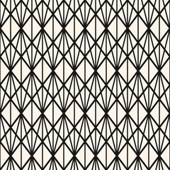 Abstract geometric seamless pattern with thin lines, diamond grid, mesh, lattice, triangles. Elegant monochrome texture in art deco style. Modern minimal ornament background. Black and white design