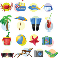 Cartoon summer elements, travel, beach, summertime accessory. Cocktails, ice cream and exotic fruits vector illustration set. Palm and serfing board.