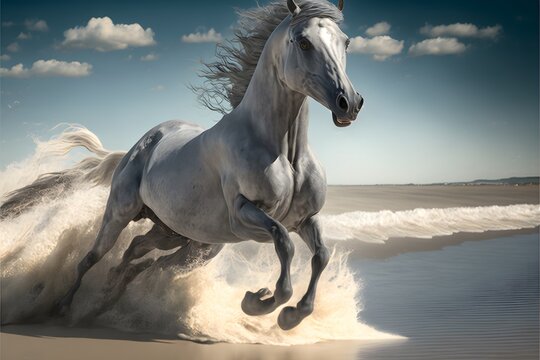 grey horse galloping along a sandy beach 