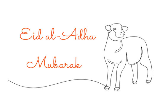 Continuous one line drawing of a sheep and a greeting text. Vector illustration of Eid al-Adha for greeting card, icon, logo.