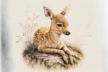 Baby deer fawn line down watercolor, Generative AI