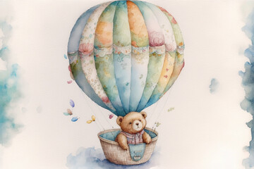 Teddy bear in a hot air balloon watercolor, Generative AI