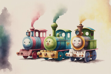 Three toy trains with spaces and smokestacks colorful watercolor, Generative AI