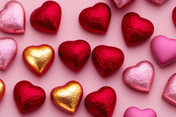 Obraz premium Valentine's Day Chocolate Heart Shaped Romantic Pastel Colors Shiny Wrapper, created with Generative AI technology
