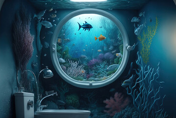 Dreamy and fairytale scene of a bathroom with the ocean inside. Funny illustration. Ai generated art