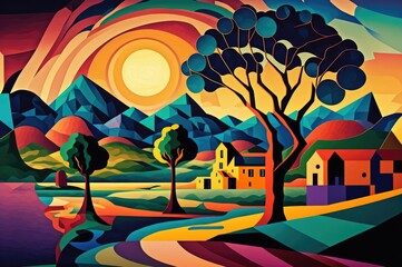 Colorful mountain landscape with village and trees at sunset or sunrise. Background illustration. Generative AI