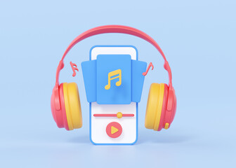 Headphones with phone and music app 3d render illustration - wireless earphone, smartphone and player playlist