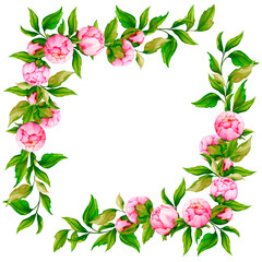 Square frame of pink peonies. Watercolor border for the design of greeting cards, invitations, congratulations, posters, announcements. Wedding, Valentine's Day, birthday, anniversary design.
