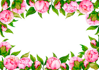 Fototapeta na wymiar Horizontal border of pink peonies. Watercolor banner for the design of invitations, congratulations, packaging, posters, announcements, sales. Wedding, Valentine's Day, birthday, anniversary design. 