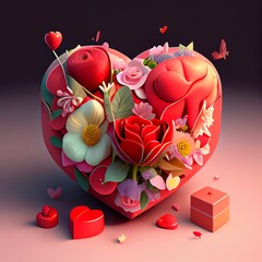 Valentine's Day on Pink Background. Realistic Heart Shape and 3d style. AI generative