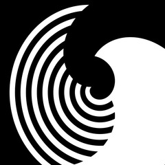 abstract black and white curving spiral on black square background. space for text.