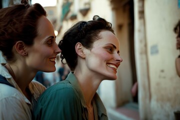 Smiling lesbian women flirting in the street. Generative AI